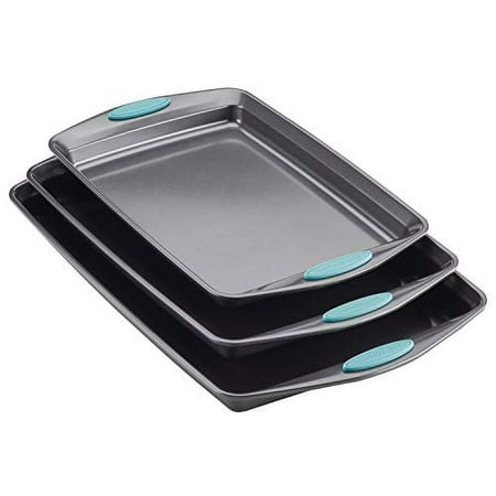 Rachael Ray - 3-Piece Nonstick Bakeware Cookie Pan Set with Silicone Grips - Gray with Agave Blue Grips