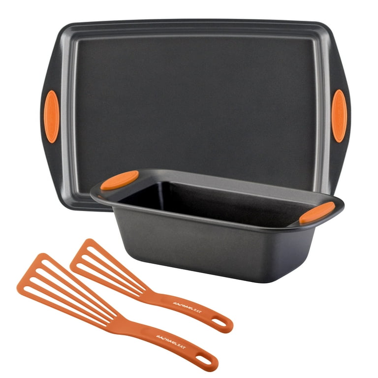Rachael Ray Bakeware Oven Lovin' Nonstick Cookie Sheet, Loaf Pan, and  Utensil Set, 4-Piece, Orange Handles 