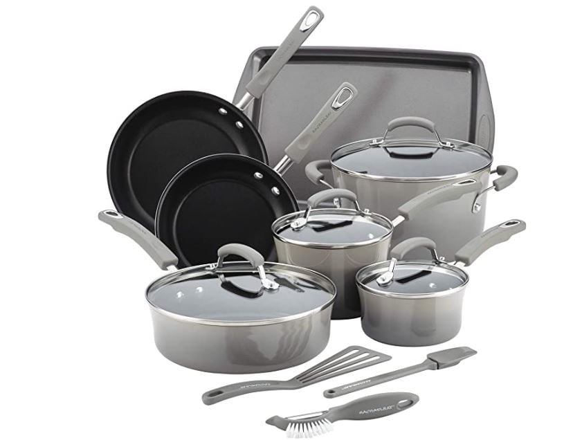 Rachael Ray Brights 14 Piece Nonstick Cookware Pots and Pans Set, Sea Salt Gray