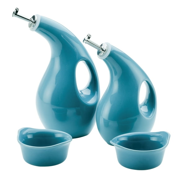 Rachael Ray Ceramics EVOO and Ramekin Dipper Set, 4-Piece, Agave Blue