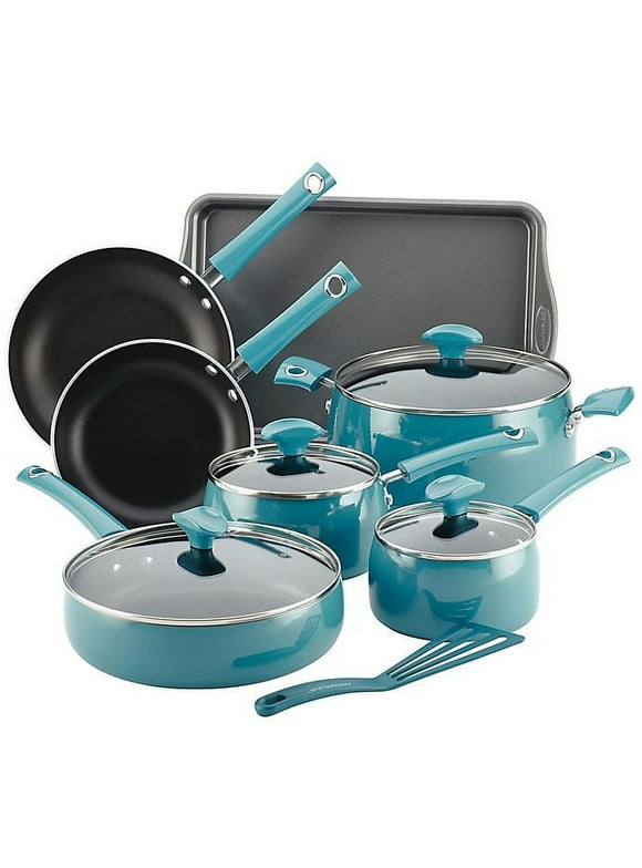 Rachael Ray Cityscapes Porcelain Enamel Nonstick Cookware Set, Turquoise, 12-Piece