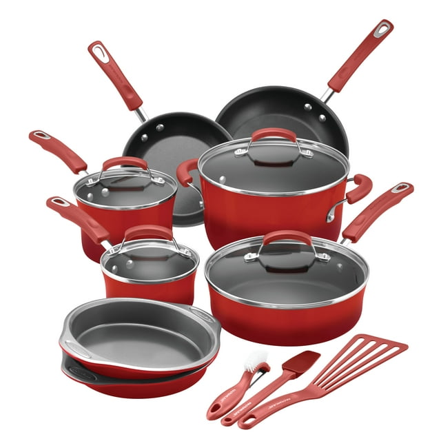 Rachael Ray Classic Brights 15 Piece Nonstick Pots and Pans, Red Gradient