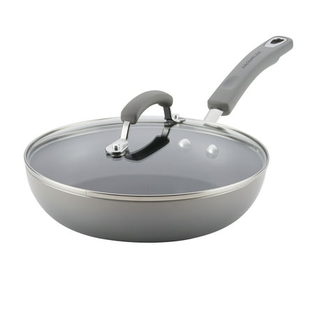 Rachael Ray Classic Brights 9.5 inch Hard Enamel Nonstick Deep Frying Pan with Lid, Sea Salt Gray