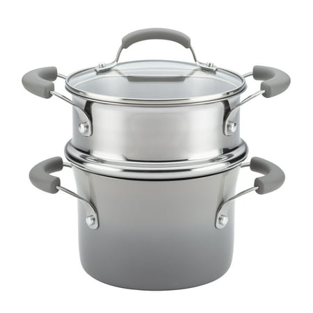 Rachael Ray Classic Brights Hard Enamel 3 Quart Nonstick Saucepot and Steamer Insert Set with Lid, Sea Salt Gray