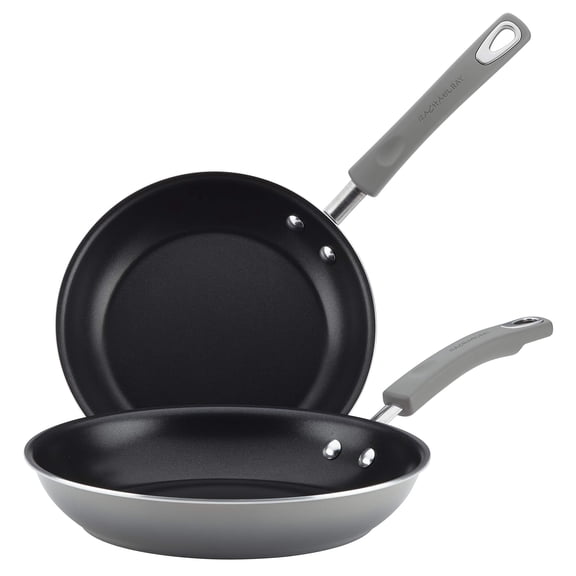 Rachael Ray Classic Brights Hard Enamel Aluminum Nonstick Twin Pack Skillet Set, 9.25-Inch & 11-Inch, Sea Salt Gray Gradient