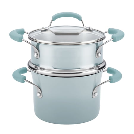 Rachael Ray Classic Brights Hard Enamel Nonstick 3-Quart Covered Steamer Set, Sky Blue
