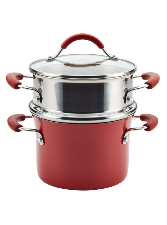 Rachael Ray Classic Brights Hard Enamel Nonstick Saucepot and Steamer Insert Set, 3 Quart, Cranberry Red