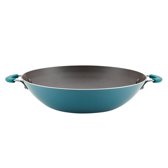 Rachael Ray Cook + Create 14 inch Aluminum Nonstick Wok with Side Handles, Agave Blue