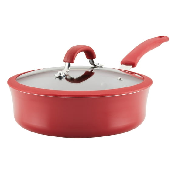 Rachael Ray Cook + Create 3 Quart Aluminum Nonstick Saute Pan with Lid, Red