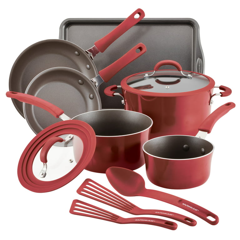 BELLA Nonstick Cookware Set with Glass Lids - Aluminum Bakeware, Pots and  Pans, Storage Bowls & Utensils, Compatible with All Stovetops, 21 Piece, Red