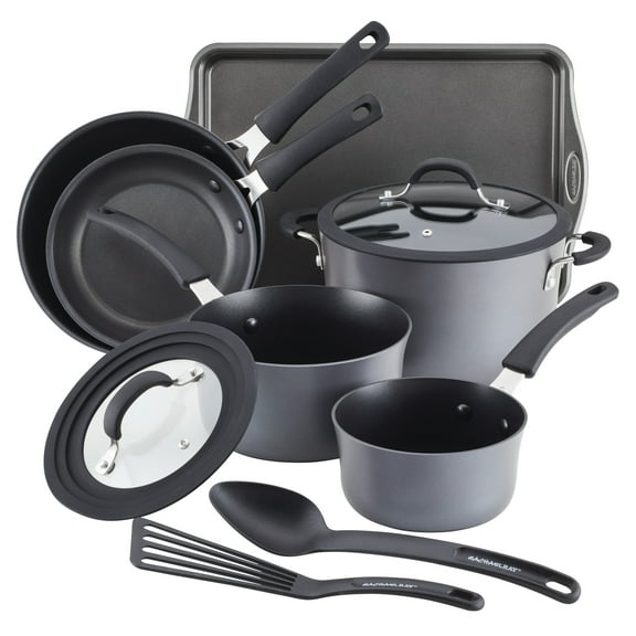 Rachael Ray Cook + Create Hard Anodized Nonstick Cookware Set, 10-Piece, Black
