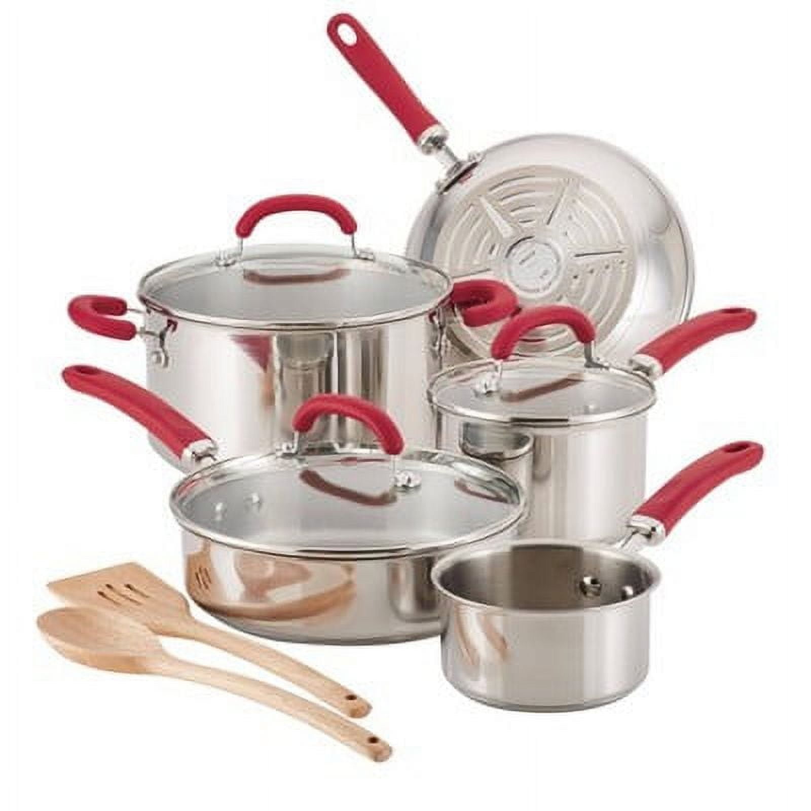 10-Piece Stainless Steel Cookware Set with Red Handles