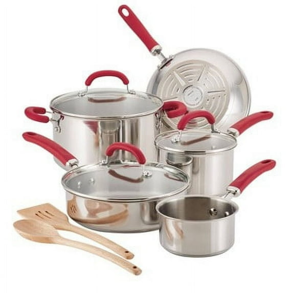 Rachael Ray Create Delicious 10 Piece Stainless Steel Cookware Set, Red Handles