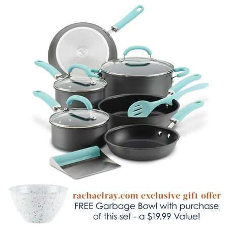 Rachael Ray - Create Delicious 11-Piece Cookware Set - Gray with Light Blue Handles