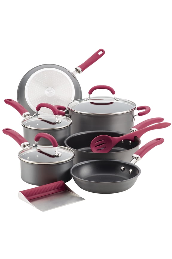 Create Delicious 11 Piece Nonstick Pots and Pans Set, Burgundy Handles