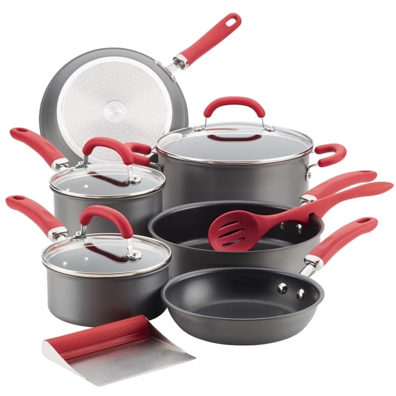 Rachael Ray Create Delicious Hard-Anodized Aluminum Nonstick Cookware Set, 11-Piece, Red Handles