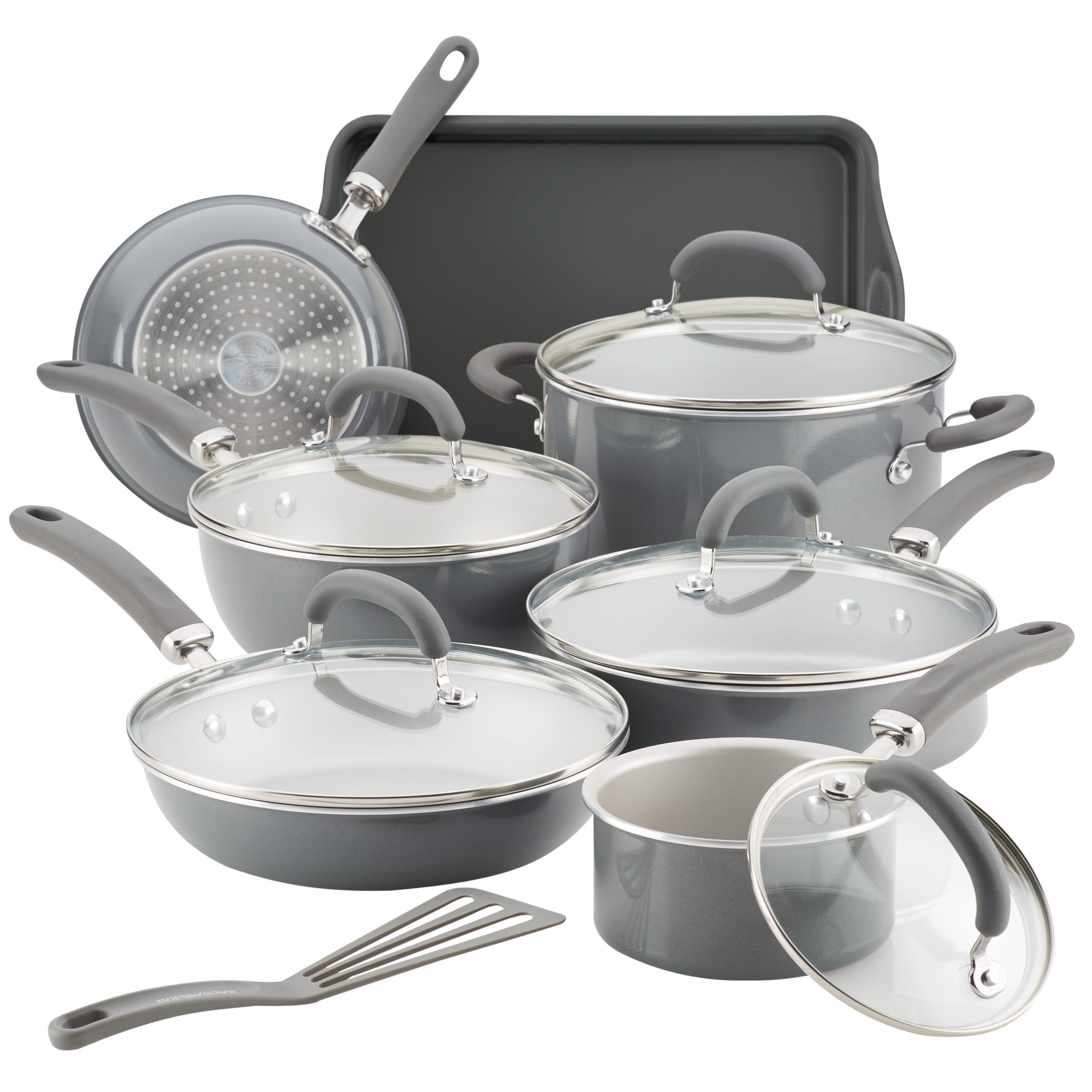 Rachael Ray Create Delicious 13 Piece Aluminum Nonstick Pots and Pans Set, Gray Shimmer