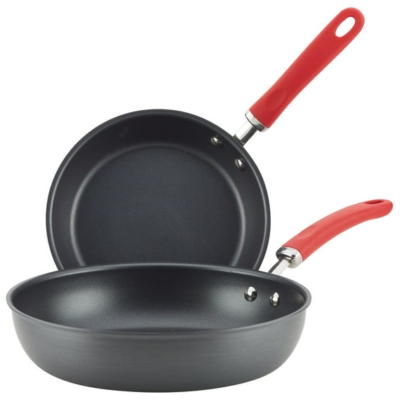 Rachael Ray Create Delicious 2 Piece Hard-Anodized Aluminum Nonstick Induction Deep Frying Pan Set, Red Handles