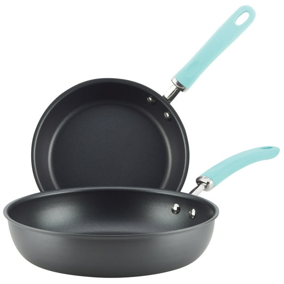 Rachael Ray Create Delicious 9.5" and 11.75" Hard-Anodized Aluminum Nonstick Deep Skillet, Light Blue Handles