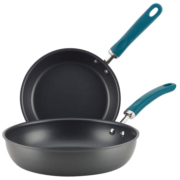 Rachael Ray Create Delicious 9.5 " and 11.75" Hard-Anodized Aluminum Nonstick Deep Skillet, Teal Handles
