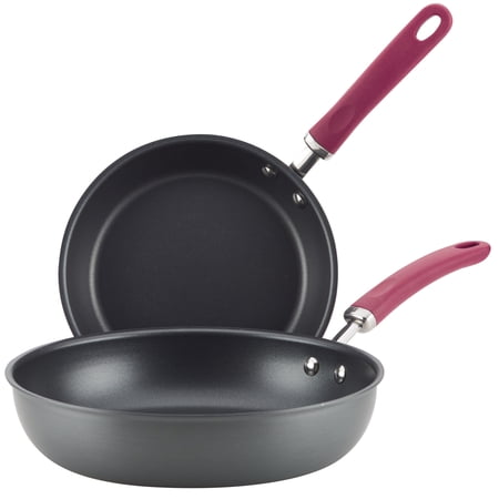 Rachael Ray Create Delicious 9.5" and 11.75" Nonstick Deep Frying Pans, Burgundy Handles