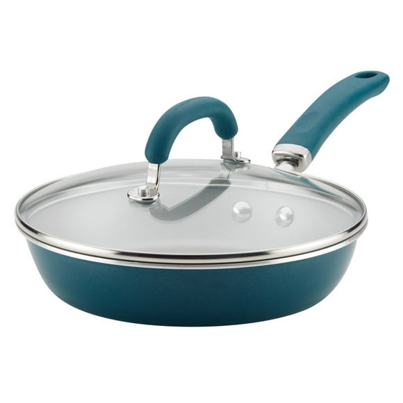 Rachael Ray Create Delicious 9.5 inch Aluminum Nonstick Covered Deep Frying Pan, Teal Shimmer
