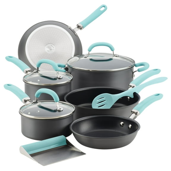 Rachael Ray Create Delicious Hard Anodized Aluminum Nonstick Cookware Set, 11 Piece, Light Blue Handles