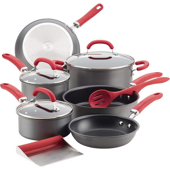 Rachael Ray Create Delicious Hard Anodized Nonstick Cookware Pots and Pans Set, 11 Piece, Red Handles