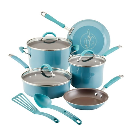 Rachael Ray Cucina 10 Piece Porcelain Enamel Nonstick Pots and Pans Set, Agave Blue