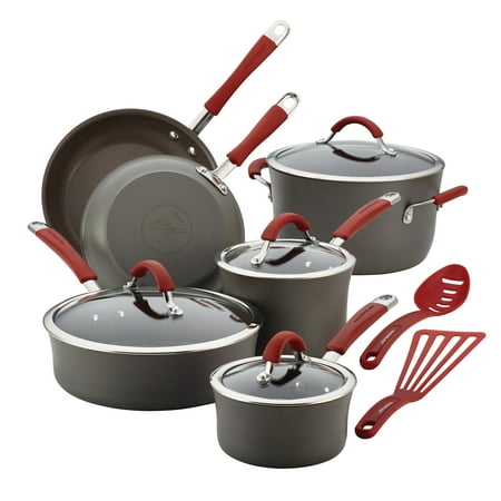 Rachael Ray - Cucina 12-Piece Cookware Set - Gray/Cranberry Red