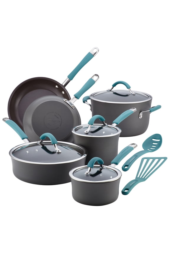 Cucina 12 Piece Nonstick Cookware Set, Gray with Agave Blue Handles