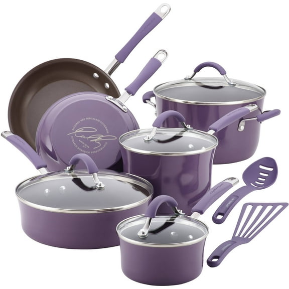Rachael Ray Cucina 12pc Hard Porcelain Enamel Nonstick Cookware Pots and Pans Set, Lavender Purple