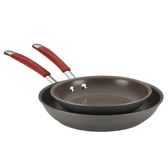 Rachael Ray Cucina 9 inch and 11 inch Hard-Anodized Nonstick Frying Pans, Red Handles