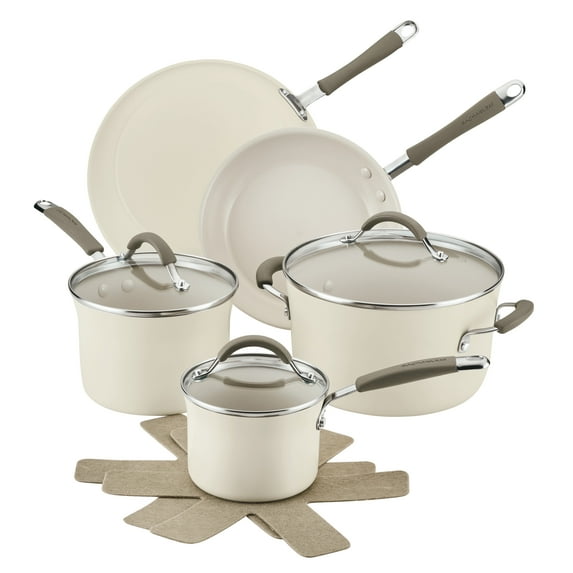 Rachael Ray Cucina Ceramic Nonstick Cookware 10 Piece Pots and Pans Set, Almond