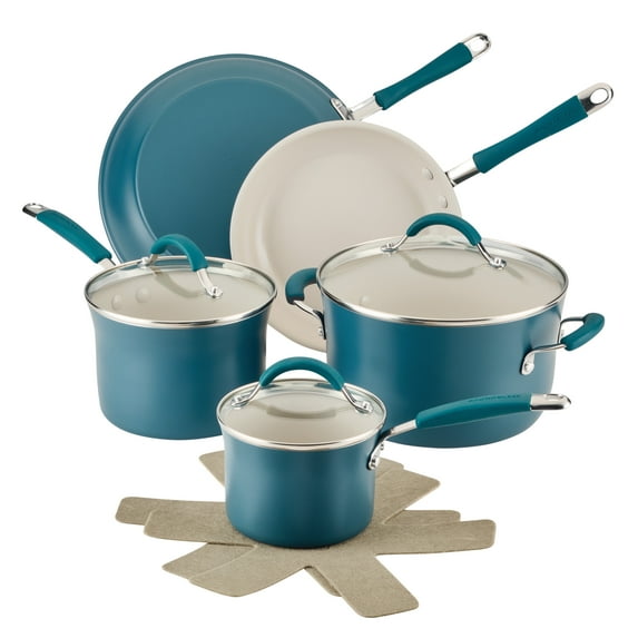 Rachael Ray Cucina Ceramic Nonstick Cookware 10 Piece Pots and Pans Set, Marine Blue