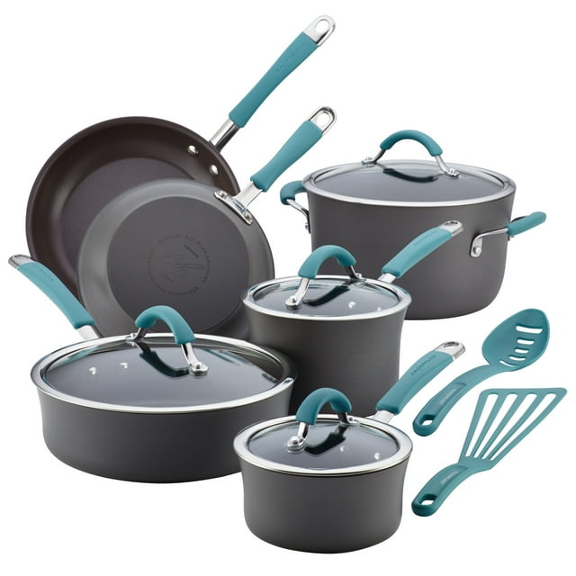 Rachael Ray Cucina Hard-Anodized Aluminum Nonstick Cookware Pots and Pans Set, 12-Piece, Gray, Agave Blue Handles
