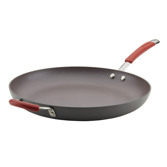 Rachael Ray Cucina Hard Anodized Nonstick Frying Pan with Helper Handle, 14-Inch, Gray/Cranberry Red