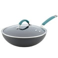 thumbnail image 1 of Rachael Ray Cucina Hard-Anodized Nonstick Stir Fry Pan with Lid, 11-inch, Gray, Agave Blue Handles, 1 of 7