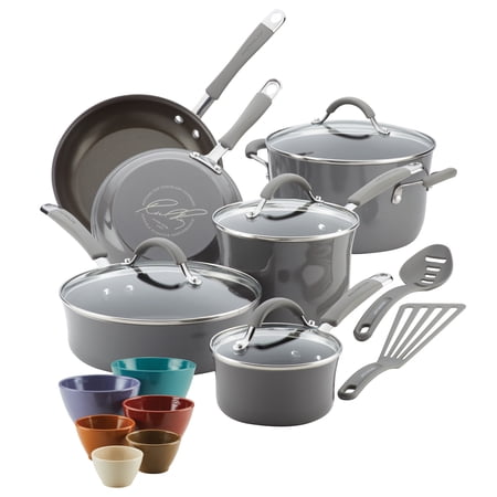 Rachael Ray Cucina Hard Enamel Nonstick Cookware and Prep Bowl Set, 18-Piece, Gray