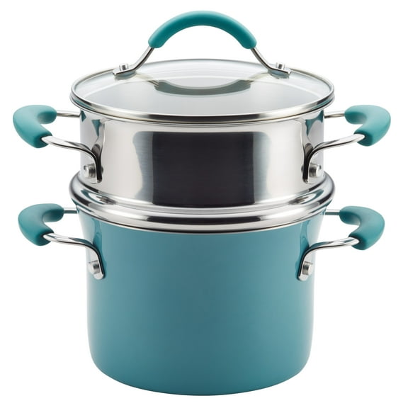 Rachael Ray Cucina Nonstick 3 Quart Saucepot with Steamer and Lid, Agave Blue