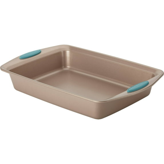 Rachael Ray Cucina Nonstick Bakeware 9" x 13" Rectangle Cake Pan, Latte Brown with Agave Blue Handles