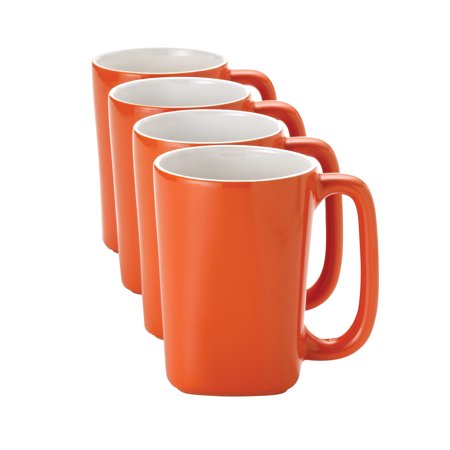 Rachael Ray Dinnerware Round and Square Ceramic Coffee Mug Set, 4 Pieces, Orange