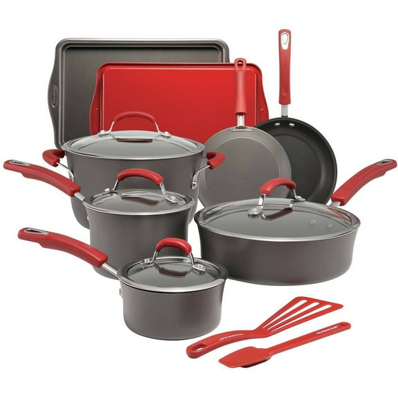 Rachael Ray Hard-Anodized Nonstick 14-Piece Cookware Set, Grey with Red Handles