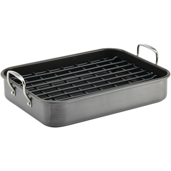 Rachael Ray Hard-Anodized Nonstick Bakeware 16" x 12" Roaster with Dual-Height Rack, Gray