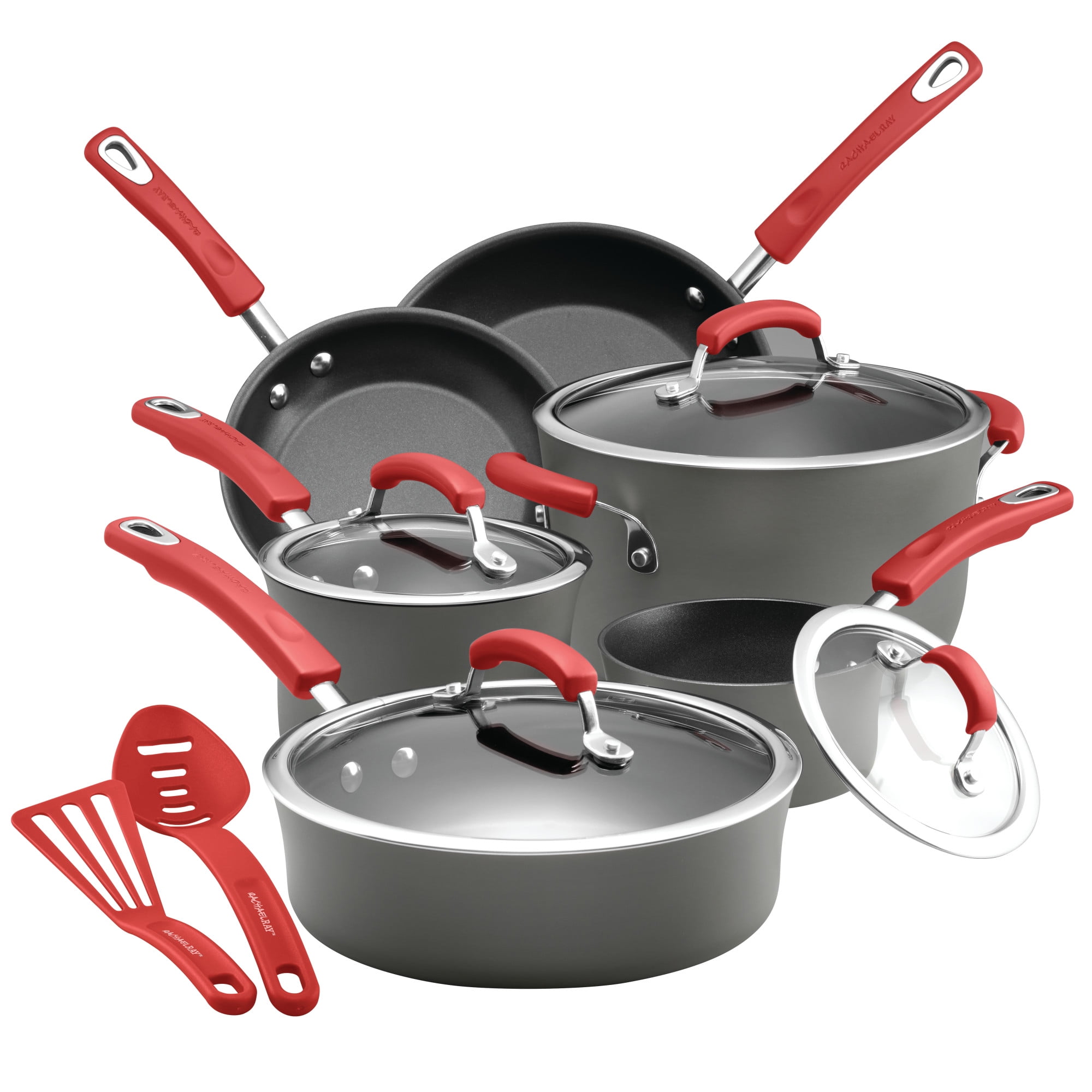 Rachael Ray Hardanodized Nonstick 14Piece Cookware Set, Gray with Red
