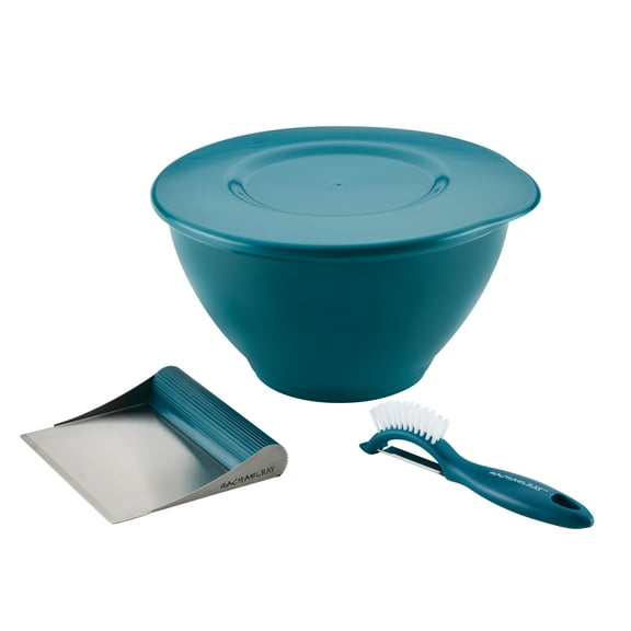 Rachael Ray Kitchen Prep, Garbage Bowl with Lid, Bench Scrape, Veggie Peeler, 4 Piece Set, Marine Blue