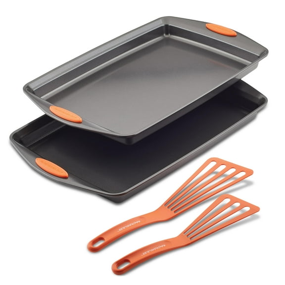 Rachael Ray Nonstick Bakeware Cookie Pan Set, 4-Piece, Gray with Orange Silicone Grips