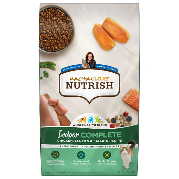 Rachael Ray Nutrish Indoor Complete Natural Dry Cat Food, Chicken with Lentils & Salmon Recipe, 3 lbs