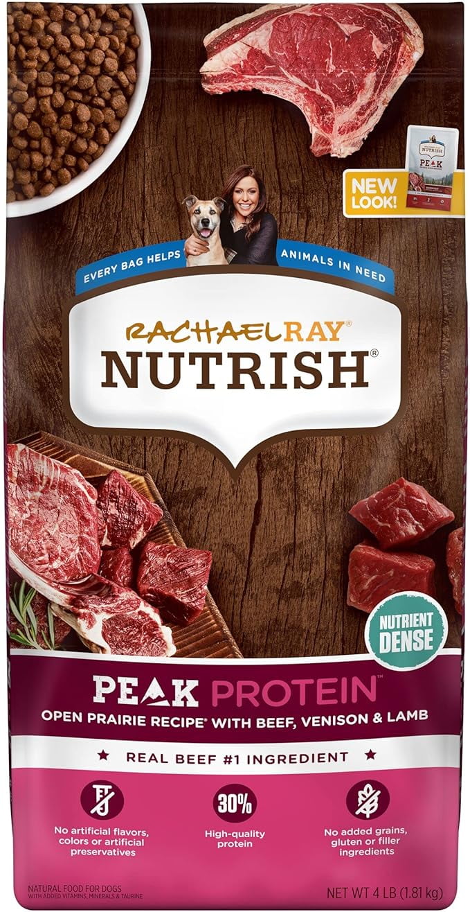 Rachael Ray Nutrish PEAK Natural Dry Dog Food, Open Prairie Recipe with Beef, Venison \u0026 Lamb, 4 Pound Bag, Grain Free (Packaging May Vary)