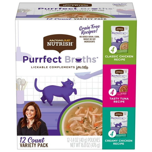 Rachael Ray Nutrish Purrfect Broths Variety Pack, Lickable Cat Treats, Box of 12-1.4 Ounce Pouches